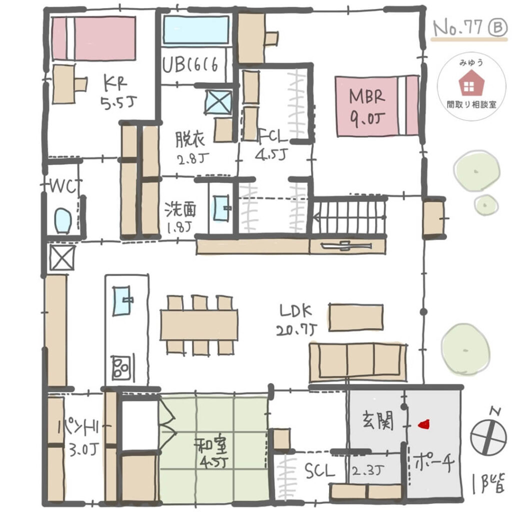 バックヤードに収納たっぷり設けて快適に暮らせる平屋間取り【31坪3LDK平屋建】No.77B-1F