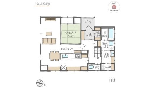 キッチンと水回りが近接している家事動線の短い間取り【35坪4LDK2階建】No.132B