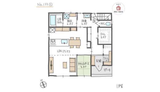 通り抜けできる土間収納がある、玄関周りに収納が充実した間取り【32坪3LDK2階建】No.133C