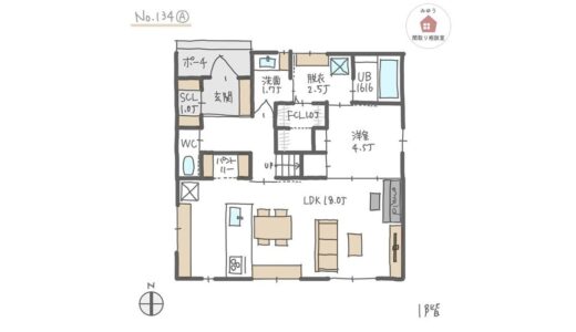 南側にLDK直線配置の将来１階だけで暮らせる回遊動線間取り【33坪4LDK2階建】No.134A