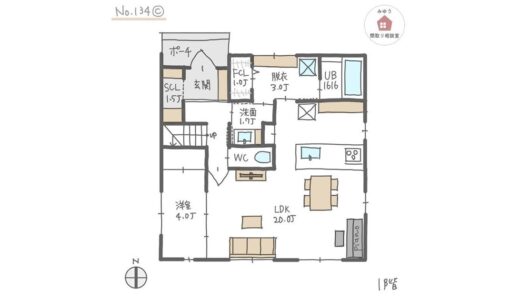 広め脱衣室の隣に日常着用のファミリークローゼットがある間取り【33坪4LDK2階建】No.134C