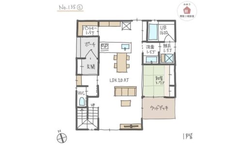 和室からもリビングからも出られるウッドデッキがある間取り【34坪4LDK2階建】No.135C