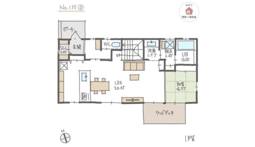 南側LDK直線配置でリビング隣に和室がある間取り【34坪4LDK2階建】No.135D