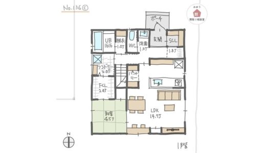 独立したランドリールームがある水回り回遊動線間取り【30坪4LDK2階建】No.136C