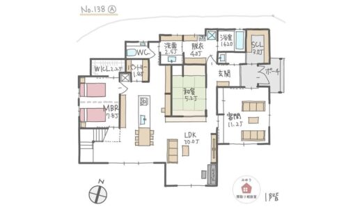 日当たり良く、庭の景色を楽しめる30帖以上のＬＤＫのある間取り【64坪5LDK2階建】No.138B