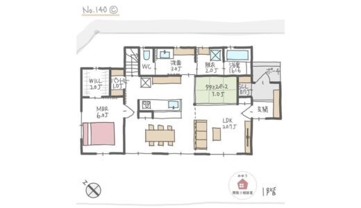 南側に吹抜けリビング、ダイニング、すべての個室があるほぼ平屋間取り【31坪3LDK2階建】No.140C