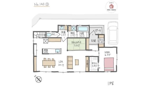 畳スペースのあるLDKが開放感ある、1階主寝室の間取り【30坪3LDK2階建】No.140D