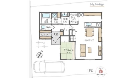 キッチンと洗面所の間にファミクロを設けた水回り集中間取り【32坪4LDK2階建】No.144A