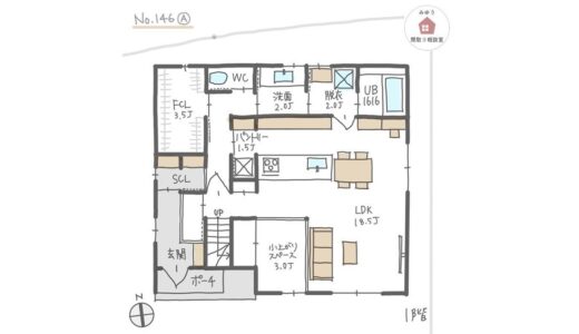 通り抜けできる土間収納と細長い土間スペースがある間取り【38坪3LDK2階建】No.146A