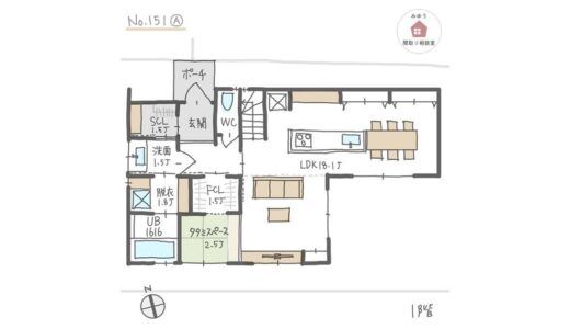 キッチンテーブル横並びでLDKから庭を眺められる間取り【32坪4LDK2階建】No.151A