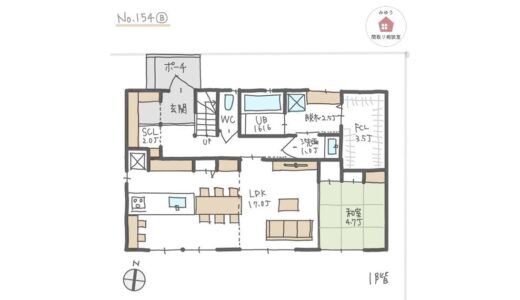 キッチンテーブル横並びで吹抜けリビングと和室が南側にある日当たりの良い間取り【36坪4LDK2階建】No.154B