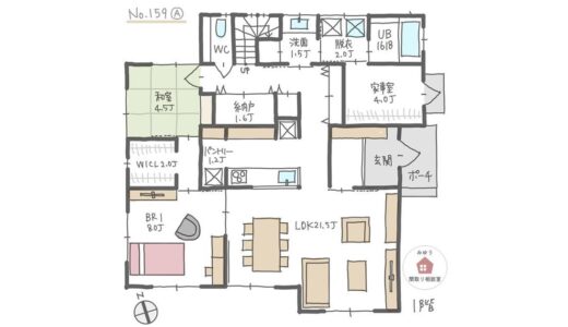 景色を楽しめて、１階に和室に入れる主寝室がある居心地の良い間取り【42坪3LDK2階建】No.159A