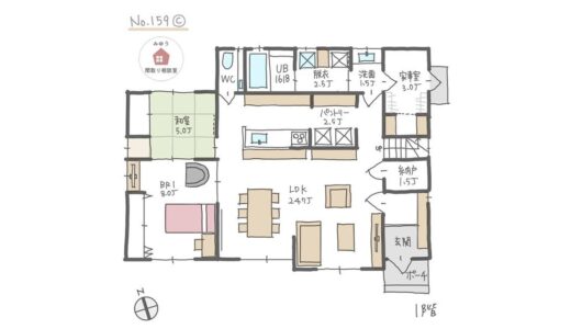 キッチンパントリーを回遊できて、キッチン周りの収納が充実した間取り【42坪3LDK2階建】No.159C