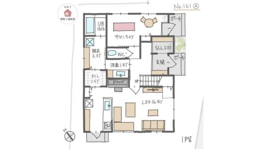 サロンを１室設け、住宅用のトイレを共用できる併用住宅間取り【34坪3LDK2階建】No.161A