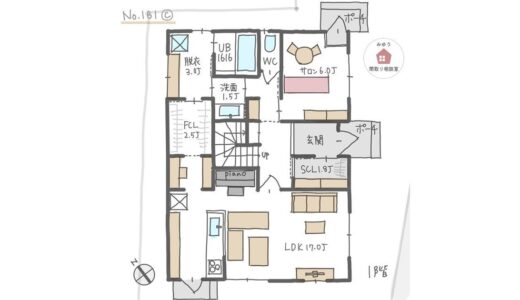 南側にＬＤＫ直線配置のサロン付き住宅の間取り【34坪3LDK2階建】No.161D