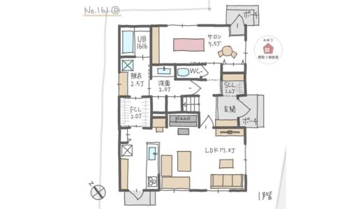 １階にファミリークローゼットがある水回り回遊動線のサロン付き住宅【33坪3LDK2階建】No.161C