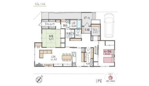 廊下や水回りが広く、将来介護しやすい完全同居型二世帯住宅の間取り【49坪5LDK2階建】No.126