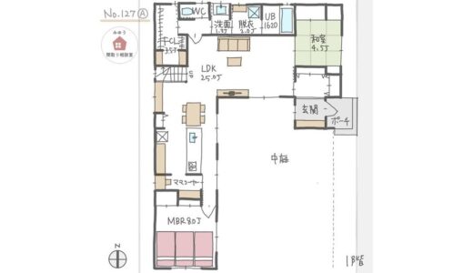 L字型で庭を囲んだ広いLDKと１階主寝室のあるほぼ平屋間取り【40坪4LDK2階建】No.127A