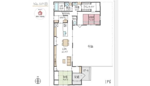 水回りが集中していて、洗面所の隣にファミリークローゼットがあるほぼ平屋間取り【40坪4LDK2階建】No.127B