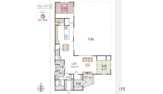 L字型の広いLDKで庭を囲む、外部からの視線を気にせずに安心して過ごせるほぼ平屋間取り【40坪4LDK2階建】No.127C