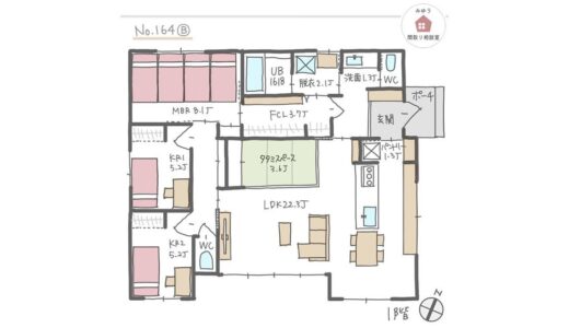 主寝室にシングルベッド４台並べられる平屋間取り【32坪3LDK平屋建】No.164B