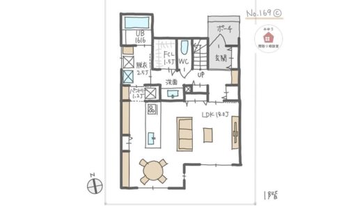 キッチンからリビングダイニングの家族の様子が見やすい間取り【32坪3LDK2階建】No.169C