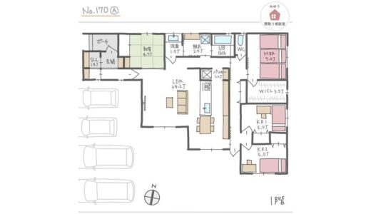 和室も隣り合う広々LDKで庭の景色を楽しめる平屋間取り【35坪4LDK平屋建】No.170A