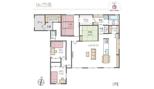 主寝室からファミリークローゼット経由で水回りに入れる平屋間取り【35坪4LDK平屋建】No.170B