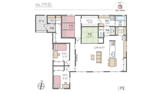 水回りを集中させた洗面脱衣別の回遊動線平屋間取り【35坪4LDK平屋建】No.170C