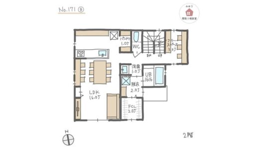 ３階建住宅で２階にLDKと水回りを集中させた家事ラク間取り【38坪5LDK3階建】No.171B