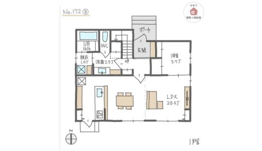 吹抜けリビングで開放感ある、南面ＬＤＫ直線配置間取り【33坪4LDK2階建】No.172B