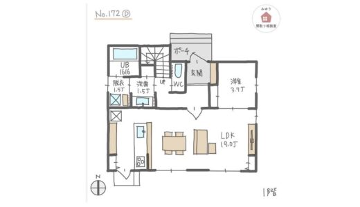 LDK直線配置でリビング横に仕切れる洋室がある総二階間取り【35坪4LDK2階建】No.172D