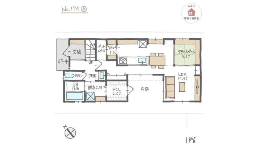 キッチン周りが回遊できて、LDKから中庭を楽しめる間取り【27坪4LDK2階建】No.174A