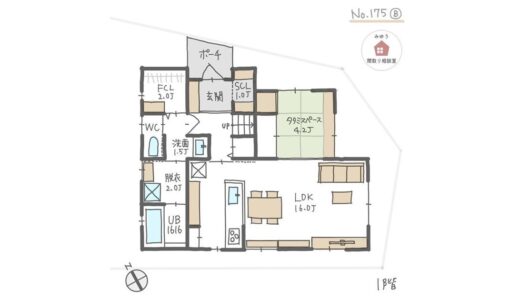 南側にＬＤＫ直線配置でリビング横に畳スペースがある間取り【31坪4LDK2階建】No.175B