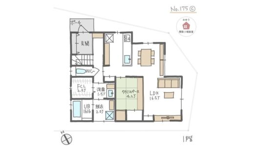 不整形な土地を活かした建物配置でリビングの隣に畳スペースがある間取り【32坪4LDK2階建】No.175C