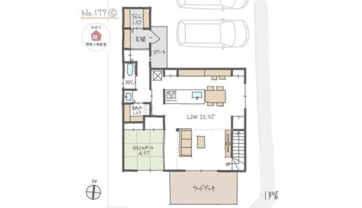 畳スペースと吹抜けリビングが南側にある開放的なLDK間取り【35坪4LDK2階建】No.177C