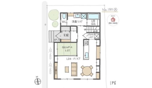 キッチンと丸テーブル横並びで、南側に日当たり良いリビングダイニングがある間取り【30坪3LDK2階建】No.180A