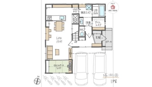 キッチン、パントリーからランドリールーム兼脱衣室に入れる回遊動線間取り【30坪3LDK2階建】No.182A