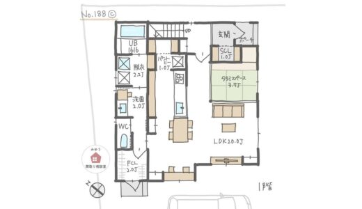 キッチンテーブル横並びでリビングと畳スペースが隣り合う間取り【33坪4LDK2階建】No.188C