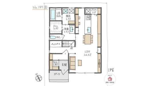 南面に広いリビングを設け、キッチンダイニング横並びで家族の様子が見やすい間取り【33坪3LDK2階建】No.189B