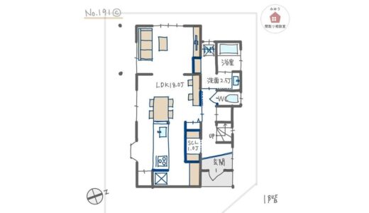 キッチンテーブル横並びでパントリーがあるリノベーション木造住宅間取り【26坪3LDK2階建リノベーション】No.191C