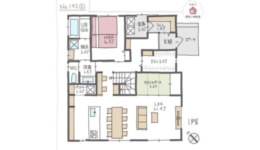 洗面脱衣別で玄関と水回りの間にファミリークローゼットがあるほぼ平屋間取り【36坪3LDK2階建】No.192C