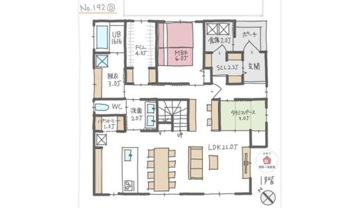 洗面脱衣別で洗面所からＬＤＫが見える回遊動線のほぼ平屋間取り【37坪3LDK2階建】No.192D