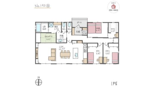 Ⅱ型キッチンの直線配置ＬＤＫの隣に畳スペースがある平屋間取り【34坪3LDK平屋建】No.193B