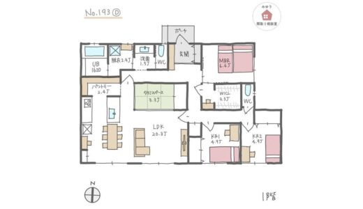 Ⅱ型キッチンとダイニングテーブル横並びでキッチン周りを回遊できる平屋間取り【34坪3LDK平屋建】No.193D