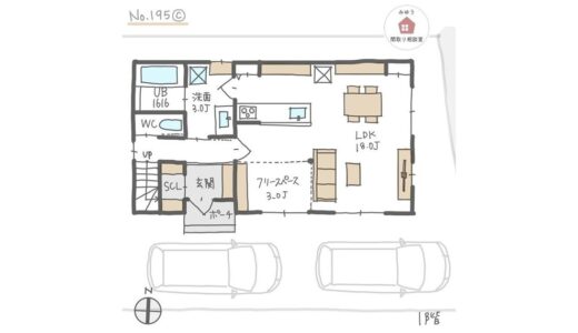 キッチンとダイニングテーブル横並びで、リビング横にフリースペースがある間取り【31坪3LDK2階建】No.195C