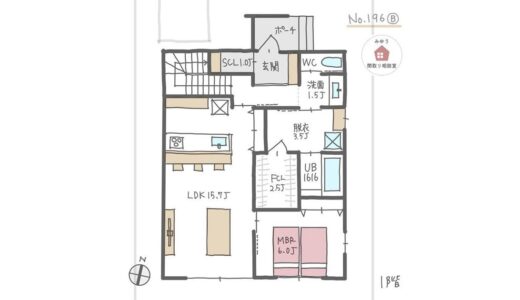 洗面脱衣別で広めの脱衣室とファミリークローゼットが隣り合うほぼ平屋間取り【28坪2LDK2階建】No.196B