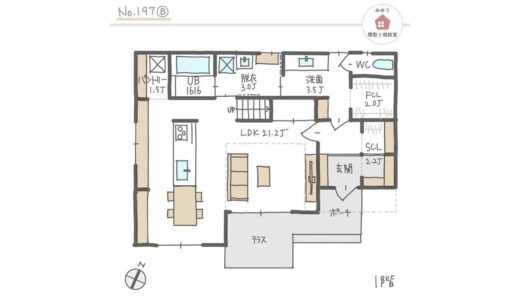 水回りとキッチン周りが回遊できて収納が充実している家事ラク間取り【33坪3LDK2階建】No.197B