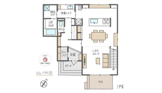 広々していて直線配置のＬＤＫで吹抜けリビングがテラスと隣り合う開放的な間取り【38坪3LDK2階建】No.198A