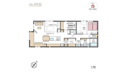 アイランドキッチンとテーブル横並びで開放的なLDKの間取り【29坪3LDKワンフロア】No.200C